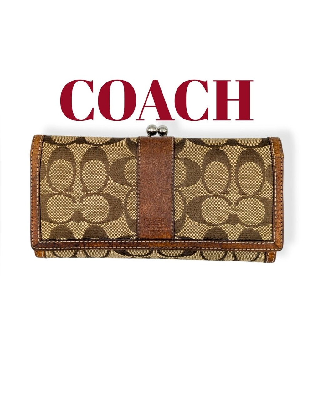 Coach Vintage Signature Kisslock  Wallet Khaki Canvas Brown Leather Leatherware
